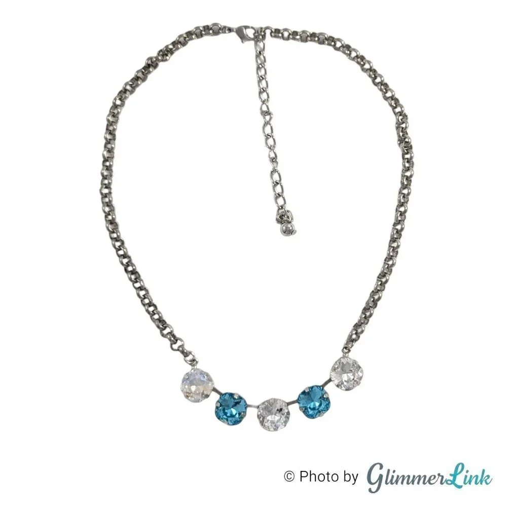 Sparkling Blue & Clear Cushion Crystal Silver Tone Necklace